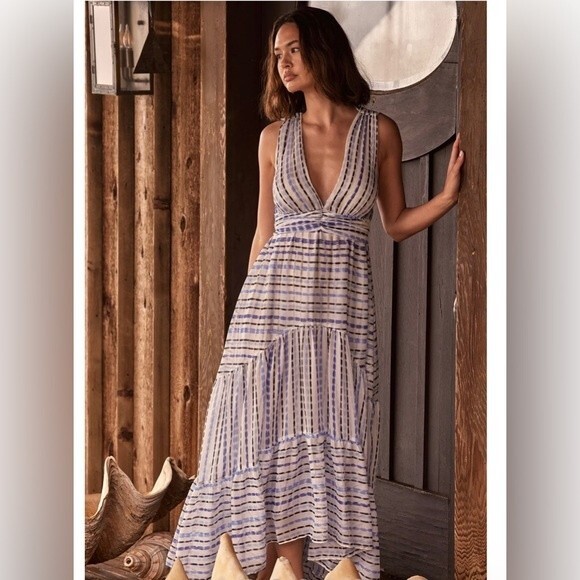 Misa Los Angeles Dominika Tiered Chiffon Maxi Dress Scorpios Stripe NWT Sz M - Picture 1 of 10
